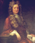 A low-resolution image of a painted portrait of a man wearing a read gown and a long light-brown curly wig flowing down his chest
