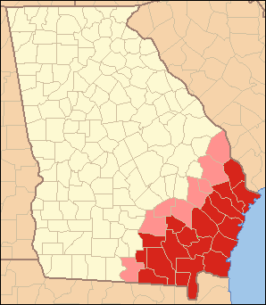 Map of Georgia, Lower Coastal Plain highlighted