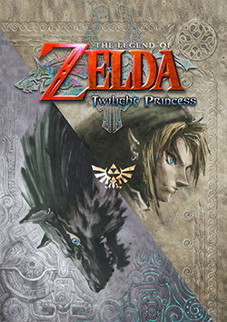 The game's title is in the center-top. A line runs diagonally through the image; in one section, the series' main protagonist - Link's face is shown. In the other, there is the head of Link's wolf form.