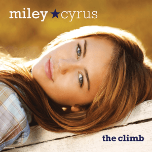 A female teenager lies on her back with her head is tilted over. The teen wears a plaid shirt, pink lipstick, and has blue green eyes. The words "Miley" and Cyrus", separated by a blue star, are printed in white above her face, and the words "the climb" are printed below her face.