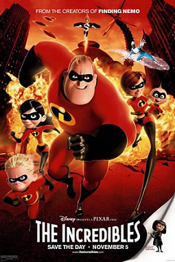 Theatrical release poster depicting the Incredibles running from an explosion