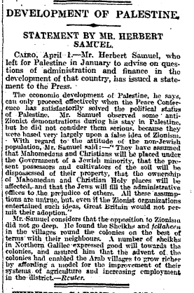 Development Of Palestine. Statement By Mr. Herbert Samuel. The Times, Monday, Apr 05, 1920