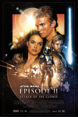 Film poster. A young man is seen embracing a young woman. A man holds a lightsaber. A battle scene is in the middle, and in the lower foreground, there is a man wearing a suit of armor.