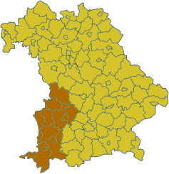 Map of Bavaria highlighting the  Regierungsbezirk of Swabia