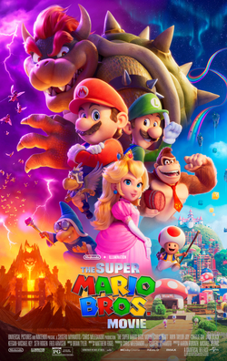 A poster featuring various Mario characters (Mario, Luigi, Donkey Kong, Peach, etc.)