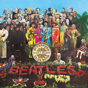 The Beatles, holding marching band instruments and wearing colourful uniforms, stand near a grave covered with flowers that spell "Beatles". Standing behind the band are several dozen famous people.