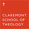 Red square with a white cross and the words "Claremont School of Theology"