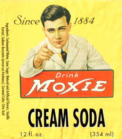 A classic-styled modern label from a bottle of Moxie brand cream soda
