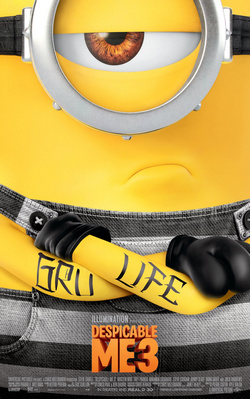 A yellow creature with one eye in a black-and-white striped clothing, with a tattoo that reads "GRU LIFE" around his arms.