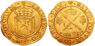 Gold Sword and Sceptre coin of 1601, with a denomination of £6 Scots