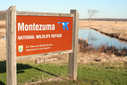 Photograph of a sign that reads Montezuma National Wildlife Refuge. The background shows a waterway and brown fields.