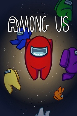 Cartoon astronauts in colored spacesuits floating through space. A bright light and many stars are visible behind them. In front of them are the words "Among Us", with the "A" replaced by an astronaut.