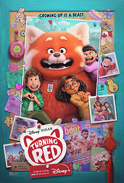 The poster shows a corkboard with various decorations, stickers, sticky notes, a magazine, as well as images of Mei, her classmates, and other characters, with the larger image showing Mei as a giant red panda and her classmates, with the Toronto skyline in the background. The tagline on top reads "Growing up is a beast." The film's logo is shown on the bottom along with its MPA Rating.