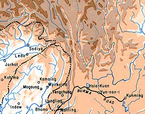 Ledo and Sodiya, India- Myitkyina, Myanmar- Batang (Ba), Litang, Gyaltang, Kham, Tibet- Burma Road terminus at Kunming, China 1945 map detail, from- Allied Third Burma Campaign Apri 1-May 1945 (cropped)