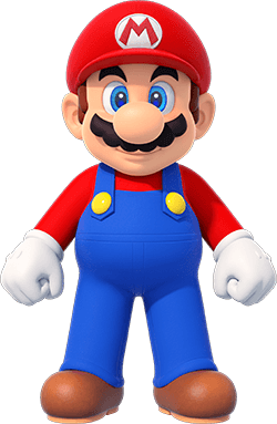 3D render of a cartoon plumber with a mustache, a large round nose, a red cap with the letter M, a red shirt, blue overalls, and brown shoes.