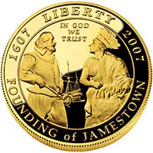 Jamestown 400th Anniversary commemorative gold five dollar coin obverse