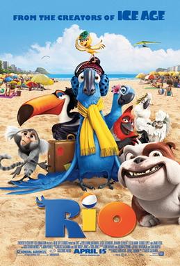 A blue Spix's macaw wearing a yellow scarf is surrounded by other birds and animals from the film. They sit on a sandy beach with beach-going tourists in the background, facing away. The weather is sunny, with one cloud in the sky. The text reads "From the creators of Ice Age: RIO"