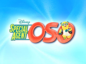 A CGI image of a Disney logo with the word "Special Agent" in yellow and green lettering with the word "Oso" in red lettering with a multi-colored stuffed bear on the 2nd O.
