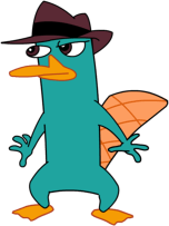Color drawing of Perry the Platypus, standing upright, wearing a brown fedora.
