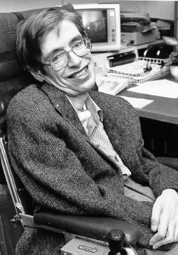 Black-and-white photograph of Hawking at NASA's StarChild Learning Center