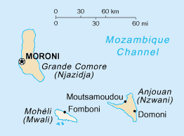 Mohéli is the lowermost shown of the Comoros islands.