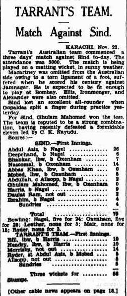 Sindh Cricket team match with Australia in 1935