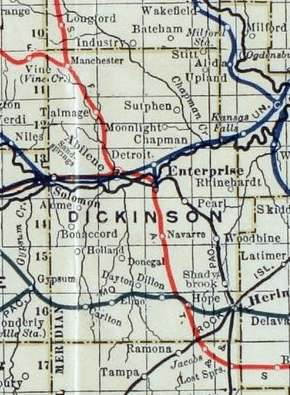 Stouffer's Railroad Map of Kansas 1915-1918 Dickinson County