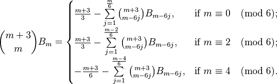 \binom{m+3}{m} B_m=\begin{cases}
\frac{m+3}{3}-\sum\limits_{j=1}^\frac{m}{6}\binom{m+3}{m-6j}B_{m-6j}, & \text{if } m\equiv 0\pmod 6;\\
\frac{m+3}{3}-\sum\limits_{j=1}^\frac{m-2}{6}\binom{m+3}{m-6j}B_{m-6j}, & \text{if } m\equiv 2\pmod 6;\\
-\frac{m+3}{6}-\sum\limits_{j=1}^\frac{m-4}{6}\binom{m+3}{m-6j}B_{m-6j}, & \text{if } m\equiv 4\pmod 6.\end{cases}