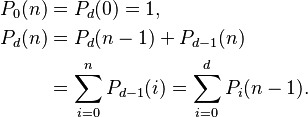\begin{align}
P_0(n) &= P_d(0) = 1, \\
P_d(n) &= P_d(n-1) + P_{d-1}(n) \\
&= \sum_{i=0}^n P_{d-1}(i) = \sum_{i=0}^d P_i(n-1).
\end{align}
