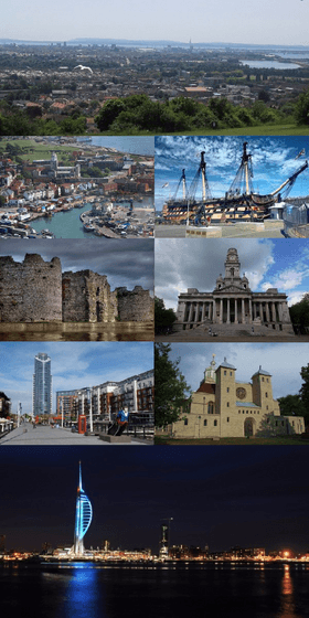 (clockwise from top): The city viewed from Portsdown Hill, HMS Victory, Portsmouth Guildhall, Portsmouth Cathedral, the Spinnaker Tower alongside Portsmouth Harbour, Gunwharf Quays, Portchester Castle and Old Portsmouth