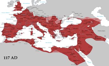 The Roman Empire at its greatest extent, 117 AD, the time of Trajan's death (with its vassals in pink).