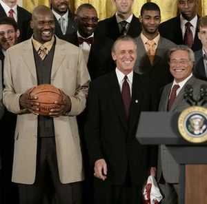 Shaquille O'Neal, Pat Riley and Micky Arison at the White House.jpg