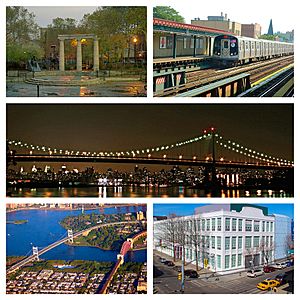 Clockwise from top left: Athens Square; 30th Avenue station; Robert F. Kennedy Bridge; Kaufman Astoria Studios; Astoria Park and Randalls and Wards Islands