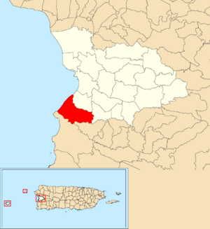 Location of Guanajibo within the municipality of Mayagüez shown in red