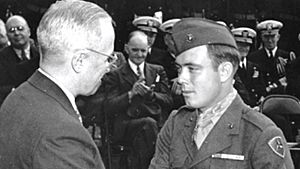 Harry Truman congratulates Hershel Williams on being awarded the Medal of Honor