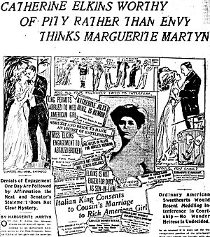 Pastiche of headlines and illustrations concerning Prince Luigi Amedeo and Katherine Hallie Kitty Elkins