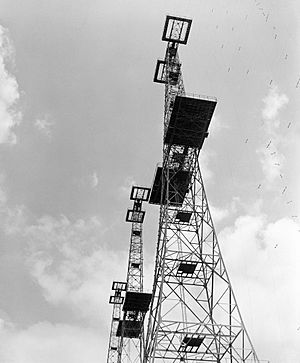 The 360ft transmitter towers at Bawdsey Chain Home radar station, Suffolk, May 1945. CH15337