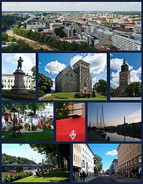 Top row: Aerial view of Turku from atop Turku Cathedral2nd row: Statue of Per Brahe, Turku Castle, Turku Cathedral  3rd row: Turku Medieval Market, The Christmas Peace Balcony of Turku, Twilight on the Aura River  Bottom row: Summer along the Aura River, view of Yliopistonkatu pedestrian area