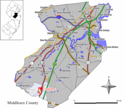 Map of Cranbury CDP in Middlesex County. Inset: Location of Middlesex County in New Jersey.