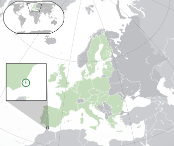 Location of  Gibraltar  (dark green)– on the European continent  (green & dark grey)– in the European Union  (green)