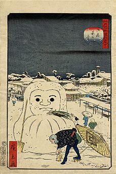 Hirokage - Comic Incidents at Famous Places in Edo (Edo meisho dôke zukushi), No. 22, dog stealing a workman's meal from a snow Daruma
