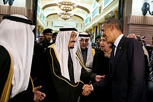 King Salman bin Abdulaziz of Saudi Arabia bids farewell to President Barack Obama at Erga Palace in Riyadh, Saudi Arabia