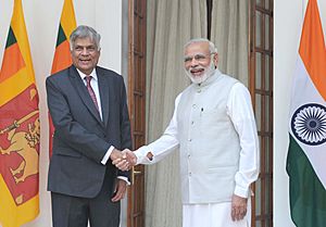 The Prime Minister, Shri Narendra Modi meeting the Prime Minister of the Democratic Socialist Republic of Sri Lanka, Mr. Ranil Wickremesinghe, at Hyderabad House, in New Delhi on September 15, 2015
