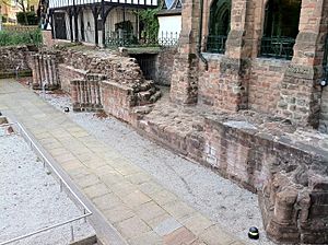 The west wall of St. Mary's Cathedral, Coventry, UK.