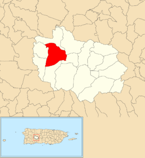 Location of Yahuecas barrio within the municipality of Adjuntas shown in red