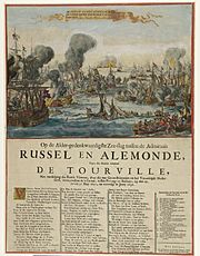 Zeeslag bij Kaap la Hogue, 1692 De Franse vloot verdelgt door de vereenigde Engelse en Staatse vlooten (titel op object) Op de Alder-gedenkwaardigste Zee-slag tussen de Admiraals Russel en Aldemonde, Tegen den Fransen , RP-P-OB-82.763