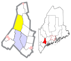 Location of Turner (in yellow) in Androscoggin County and the state of Maine