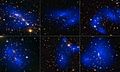 Collage of six cluster collisions with dark matter maps