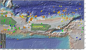 Epicenters of earthquakes around Puerto Rico in last 100 years.jpg