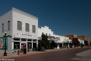 The old city hall and the National Theater in downtown Graham, Texas